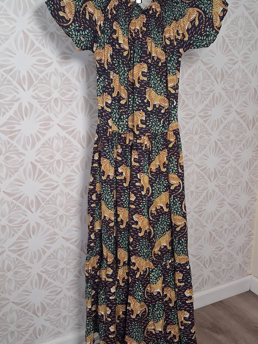 Guadalupe Momposina Maxi Dress Black Tiger Smocked Off The Shoulder Neckline
